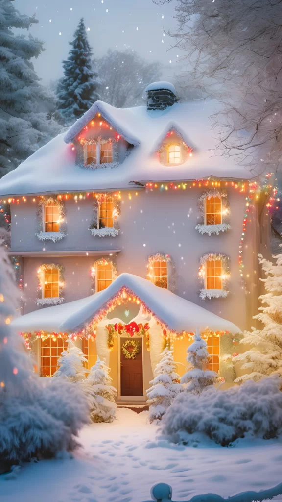 Enchanted Christmas scene wallpaper featuring a white house with glowing windows and festive lights in a winter snow setting