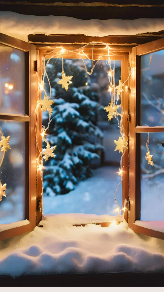 Winter background iPhone featuring a frosted window frame decorated with illuminated snowflake ornaments creating a cozy magical atmosphere