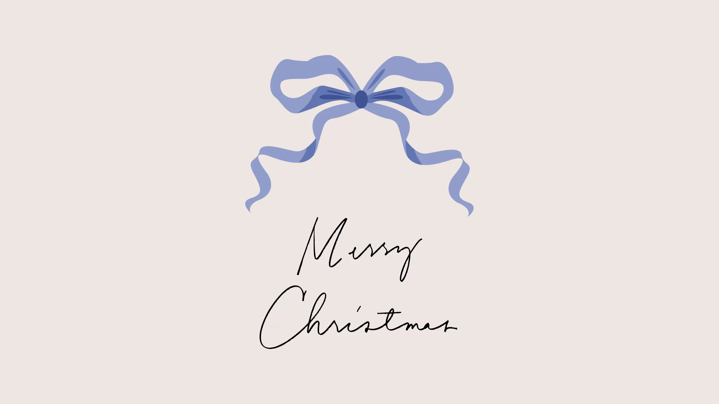 Minimalist Christmas wallpaper design with blue bow and handwritten 'Merry Christmas' on blush background