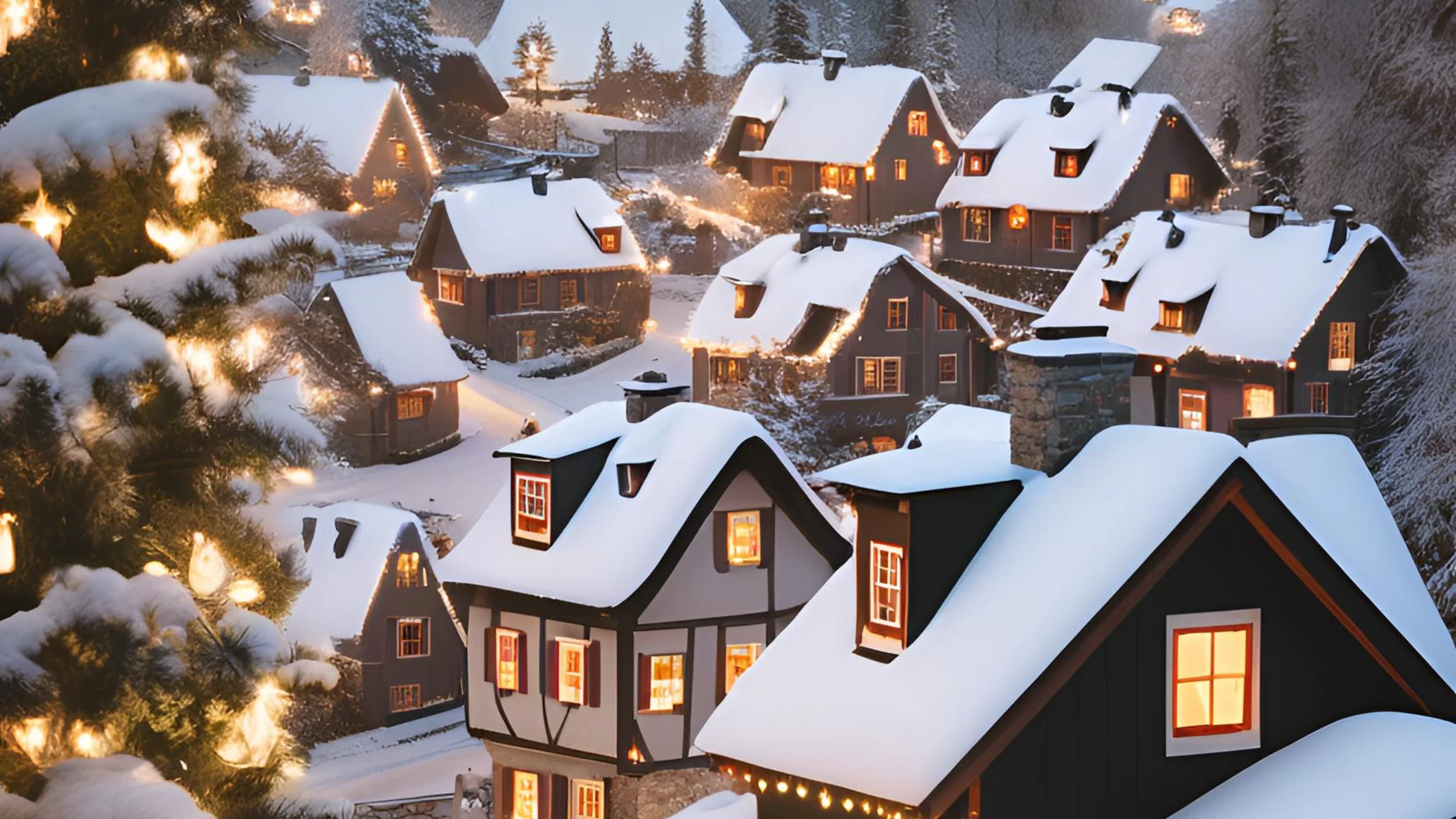 Magical winter village wallpaper with snow-covered cottages and glowing windows for iPhone background