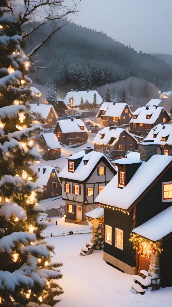 Magical winter village wallpaper with snow-covered cottages and glowing windows for iPhone background