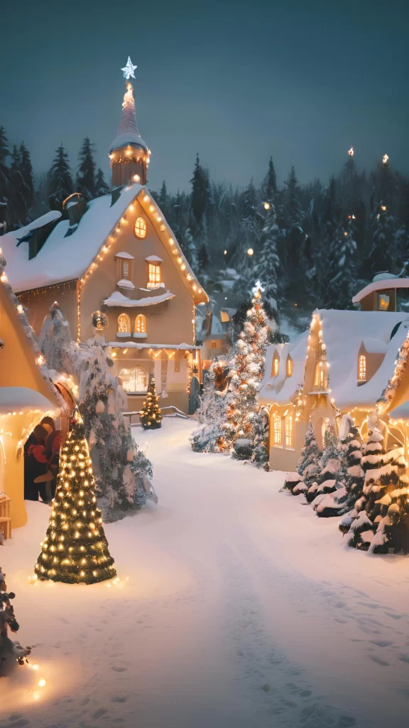 Christmas phone wallpaper of a magical winter village with lit Christmas trees, snow-covered cottages, and warm glowing windows