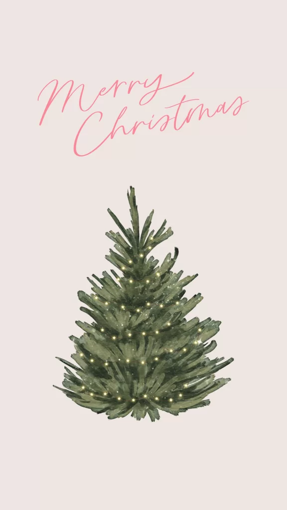 Watercolor winter wallpaper featuring a lit Christmas tree with pink bow, perfect for cute Christmas phone backgrounds