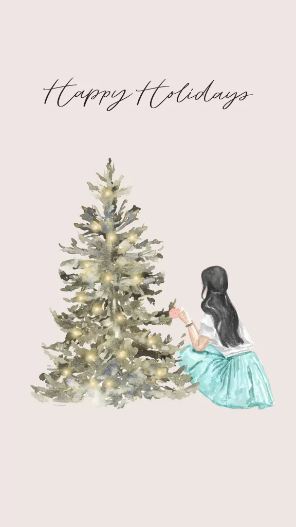 Free Christmas wallpaper featuring watercolor tree and girl in mint dress, with elegant 'Happy Holidays' text