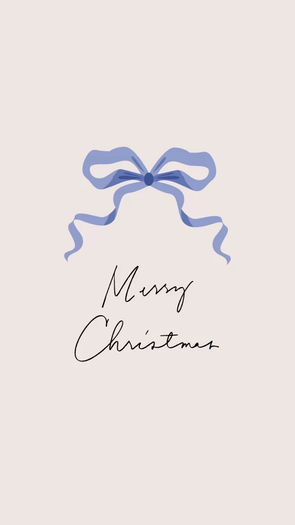 Minimalist Christmas wallpaper design with blue bow and handwritten 'Merry Christmas' on blush background