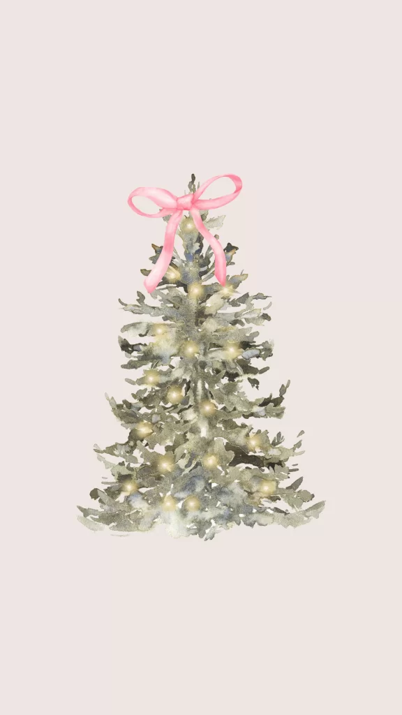Watercolor winter wallpaper featuring a lit Christmas tree with pink bow, perfect for cute Christmas backgrounds