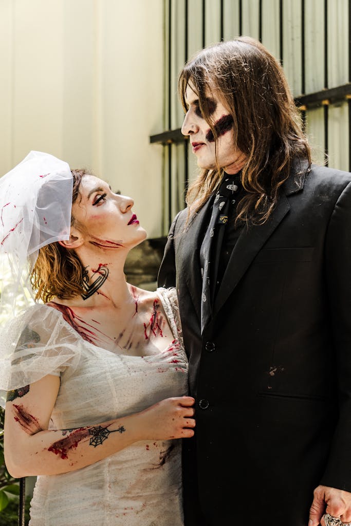 A spooky couple in gothic attire with eerie makeup, perfect for Halloween themed projects.