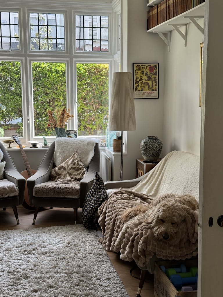 A warm living room with a dog on sofa, large windows, books, and guitar.