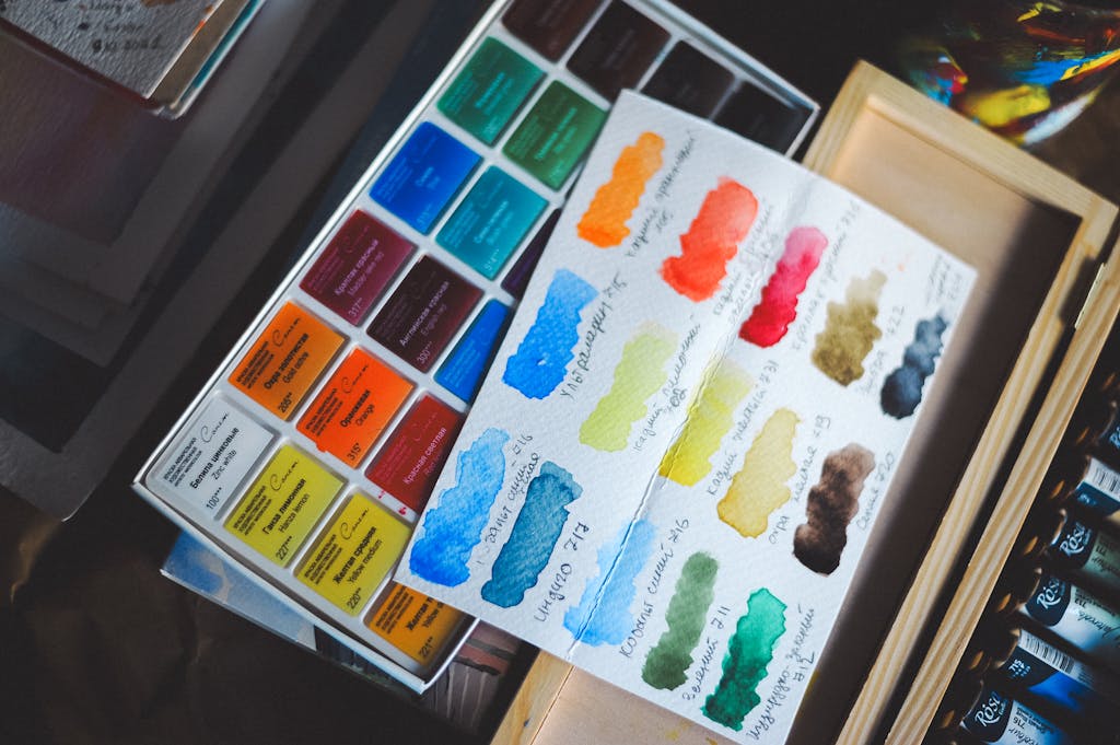 An assorted watercolor palette with vivid color swatches for artistic inspiration.