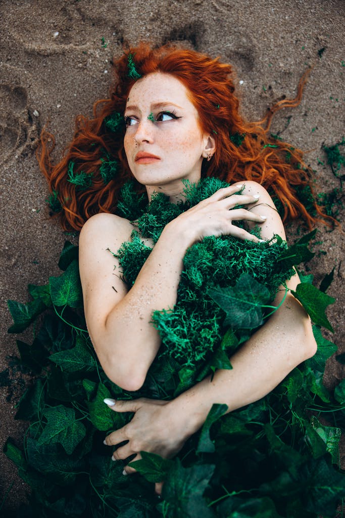 Captivating portrait of a red-haired woman lying on sand adorned with lush green leaves, evoking nature's beauty.