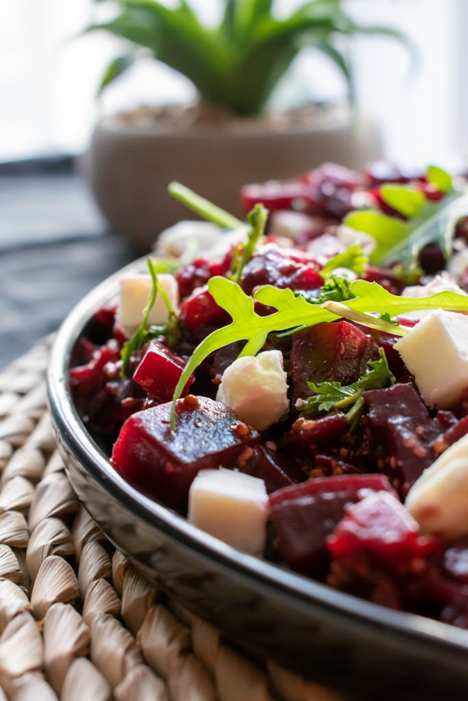 Close-up of a vibrant beetroot and feta salad, capturing the freshness and colors.