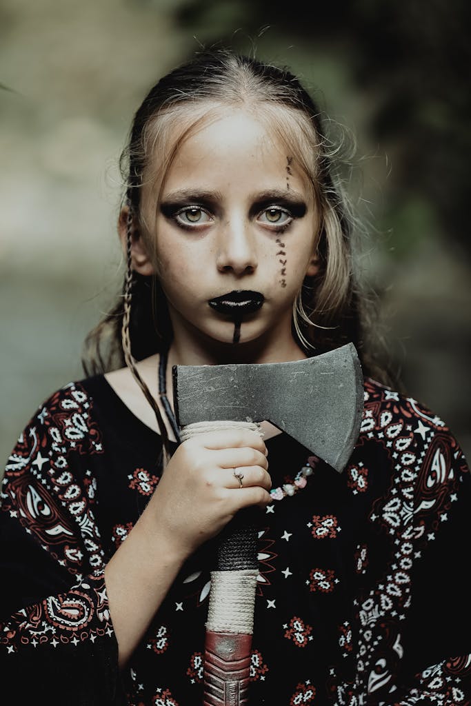 Close-up portrait of a young girl in a scary Halloween costume holding an axe.