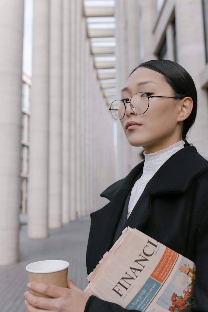 Confident woman in glasses holding coffee and newspaper in urban setting