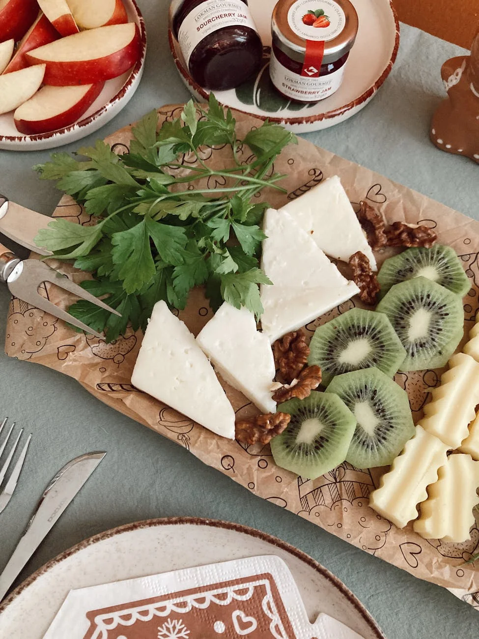 gourmet cheese platter with fruits and herbs