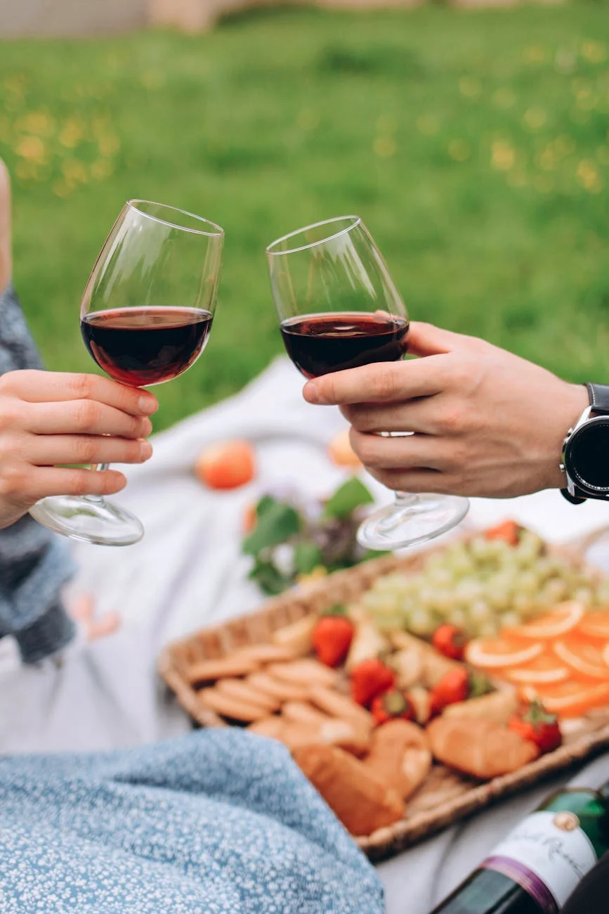 romantic picnic with red wine outdoors