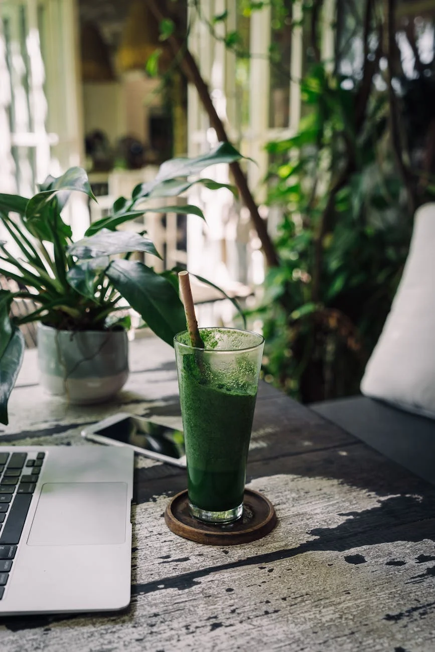 green drink on a wooden table