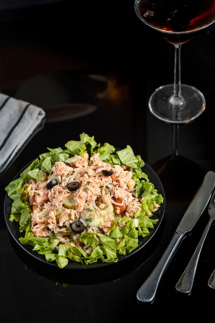tuna salad in black ceramic bowl