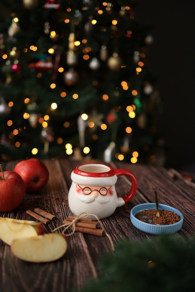 Warm and inviting Christmas scene featuring a Santa mug with festive decorations on a wooden table.