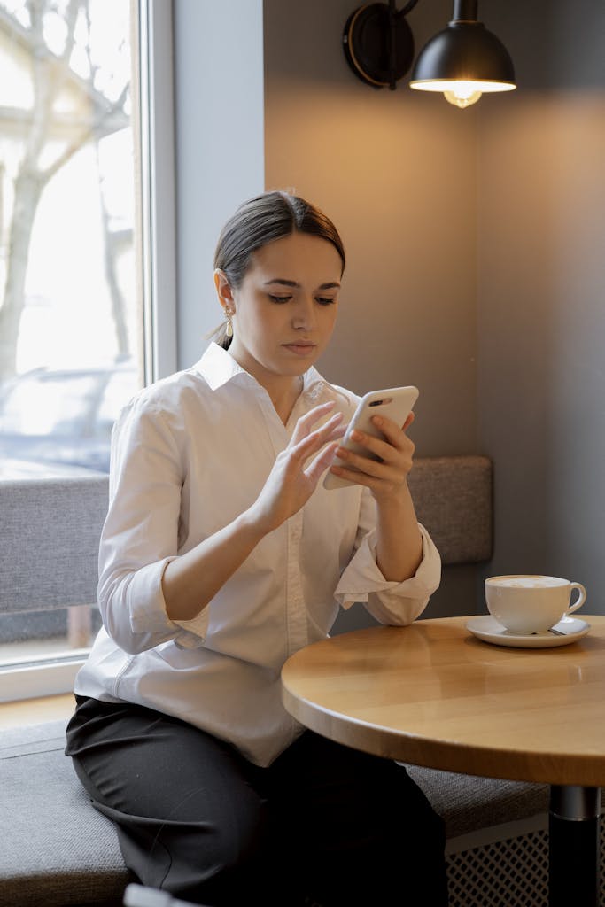Woman in white shirt using smartphone at a cafe with coffee on the table.