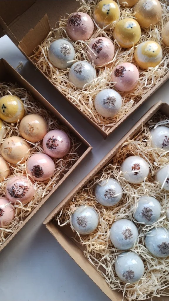 Vibrant bath bombs in eco-friendly boxes, perfect for a relaxing bath and self-care routine.