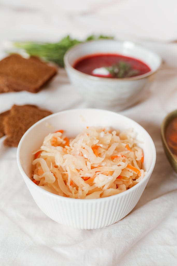 A flavorful meal with sauerkraut and Russian borscht in ceramic bowls, perfect for food enthusiasts.
