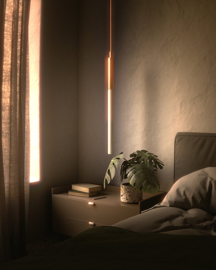 A serene bedroom scene featuring soft lighting, a potted plant, and modern decor.