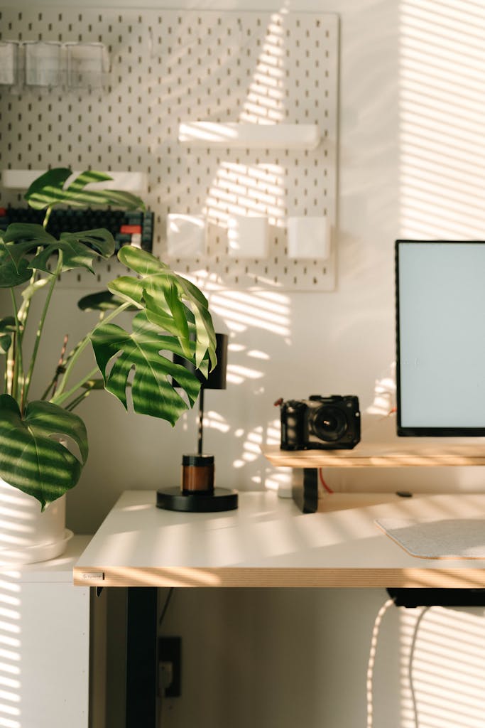 A serene workspace with sunlight, lush plant, modern desk, and tech setup, perfect for minimalistic productivity.