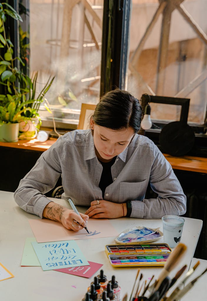 A woman engaged in artistic hand lettering at a sunlit workspace with plants.