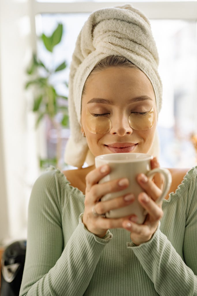 A woman with eye patches and towel relaxes while holding a warm cup of tea indoors.