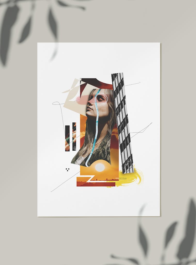 Creative collage featuring a woman's portrait with abstract elements and geometric shapes.