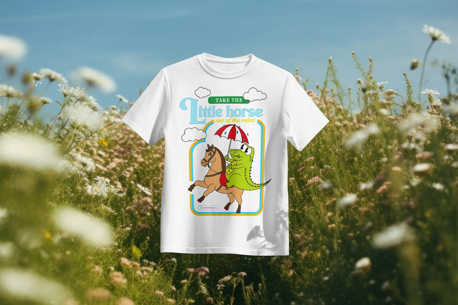 T-shirt features a horse and alligator cartoon.