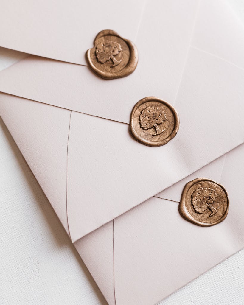 Three envelopes arranged with custom wax seals, creating a sophisticated and classic look.