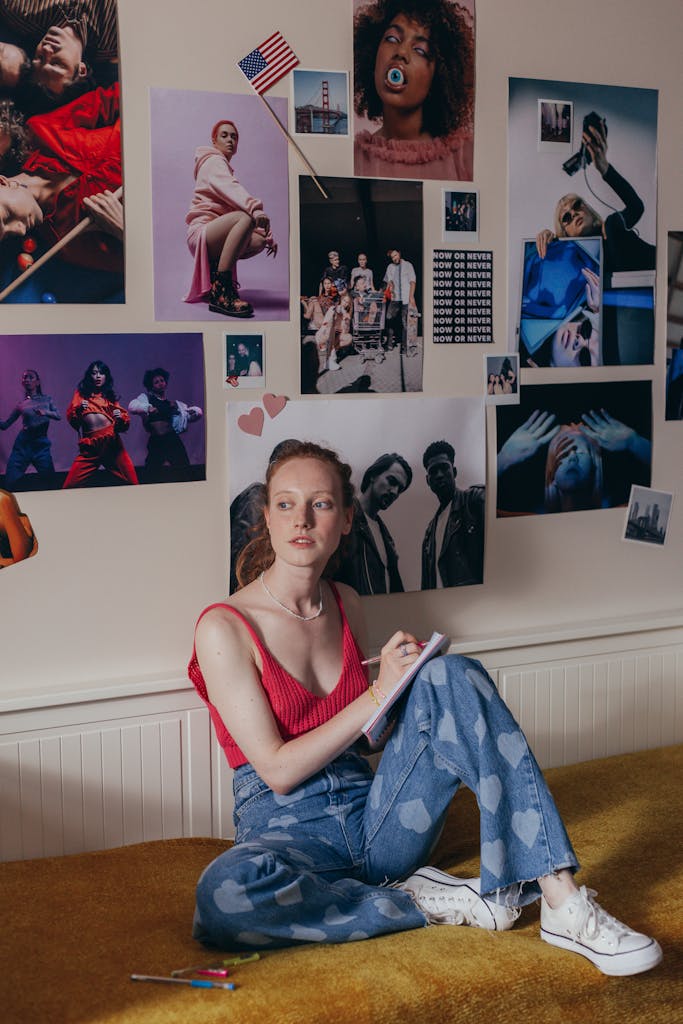 Young woman in stylish outfit sits indoors taking notes, surrounded by vibrant posters.