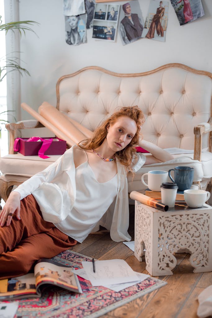 Young woman lounging on a stylish rug surrounded by art supplies and magazines in a cozy room.