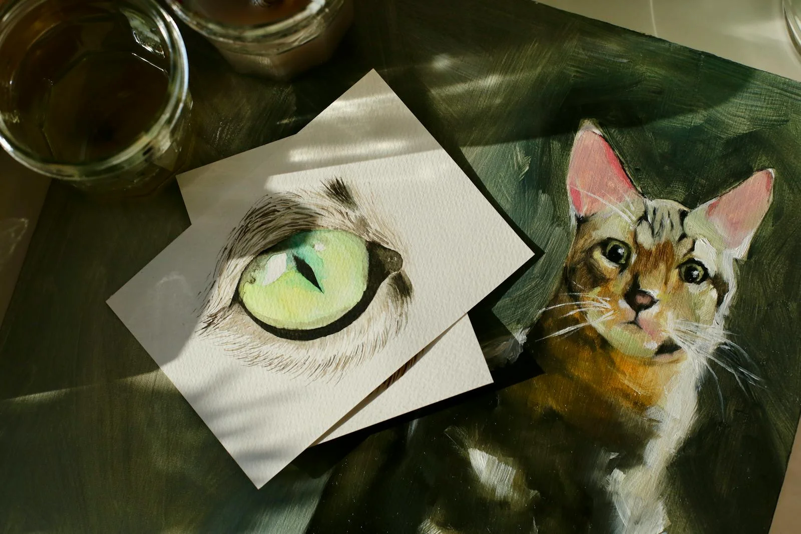 Artistic depiction of a cat with a close-up of its eye, showcasing detailed brushwork.