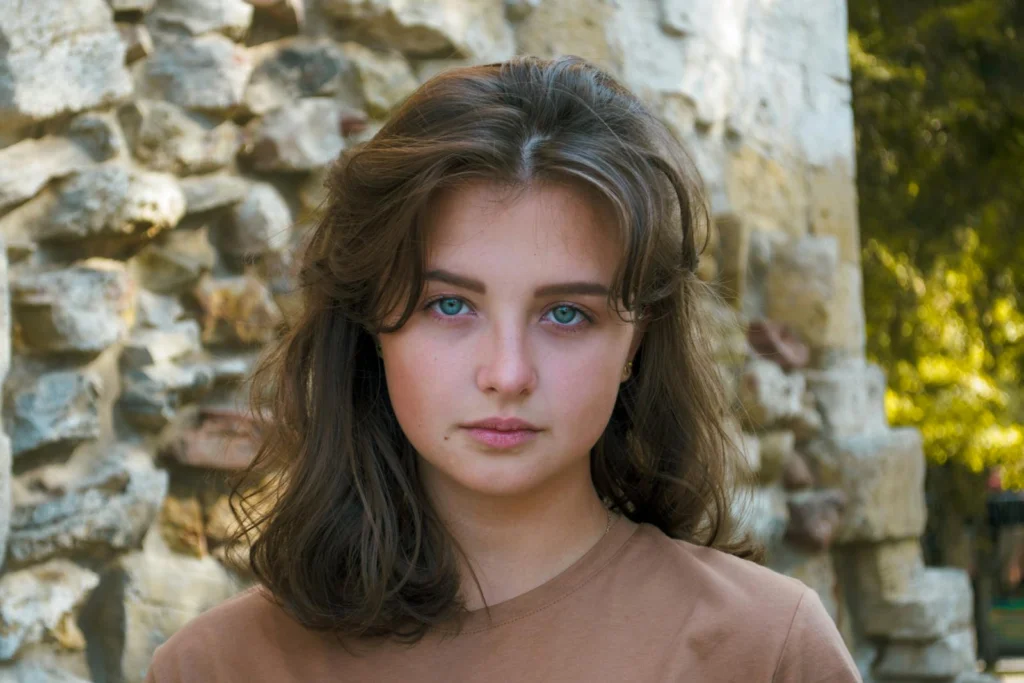 Captivating portrait of a young woman with striking blue eyes against a rustic stone background.
