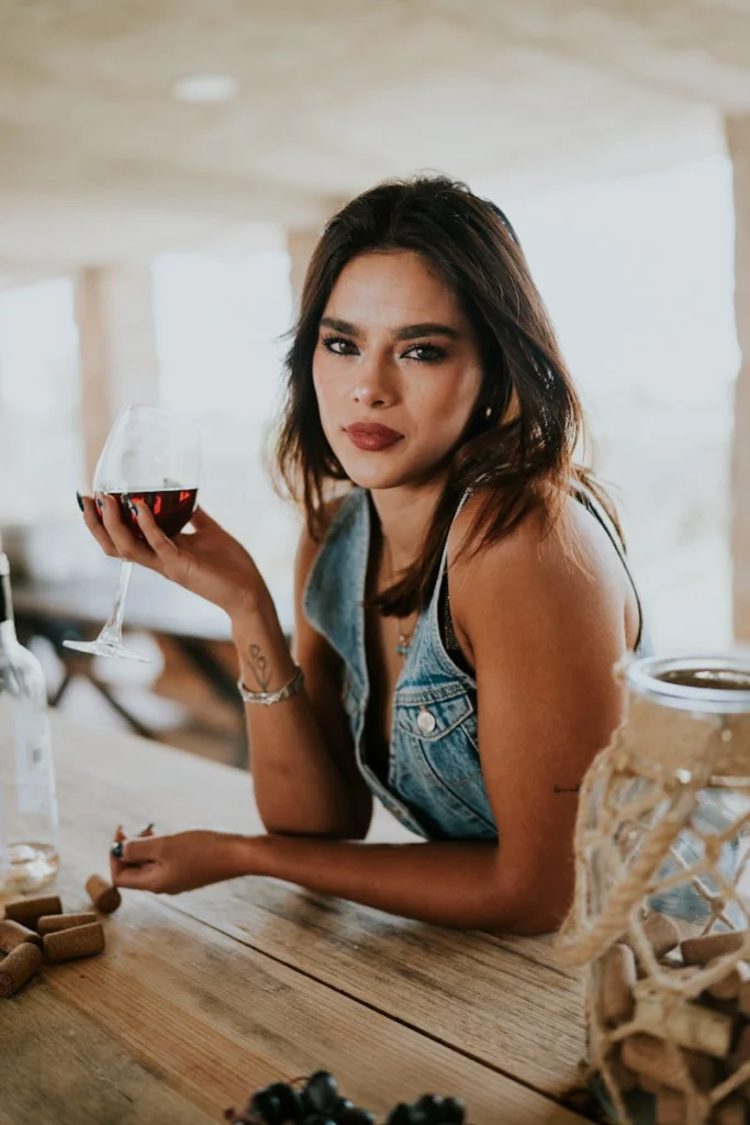 Sophisticated woman savoring wine in a rustic vineyard, wearing a stylish denim vest.