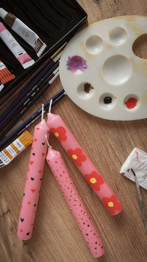 Vibrantly painted candles with acrylic paints, palette, and brushes on a wooden surface.
