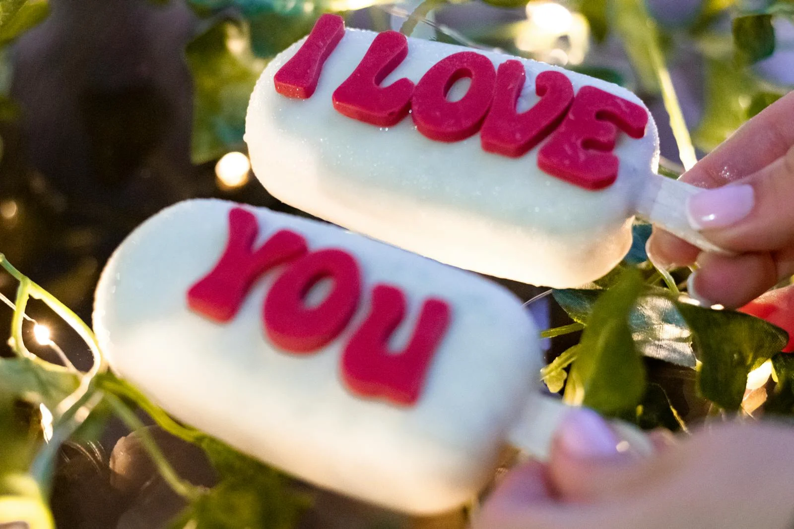 Close-up of ice pops with 'I Love You' message, perfect for romantic occasions.