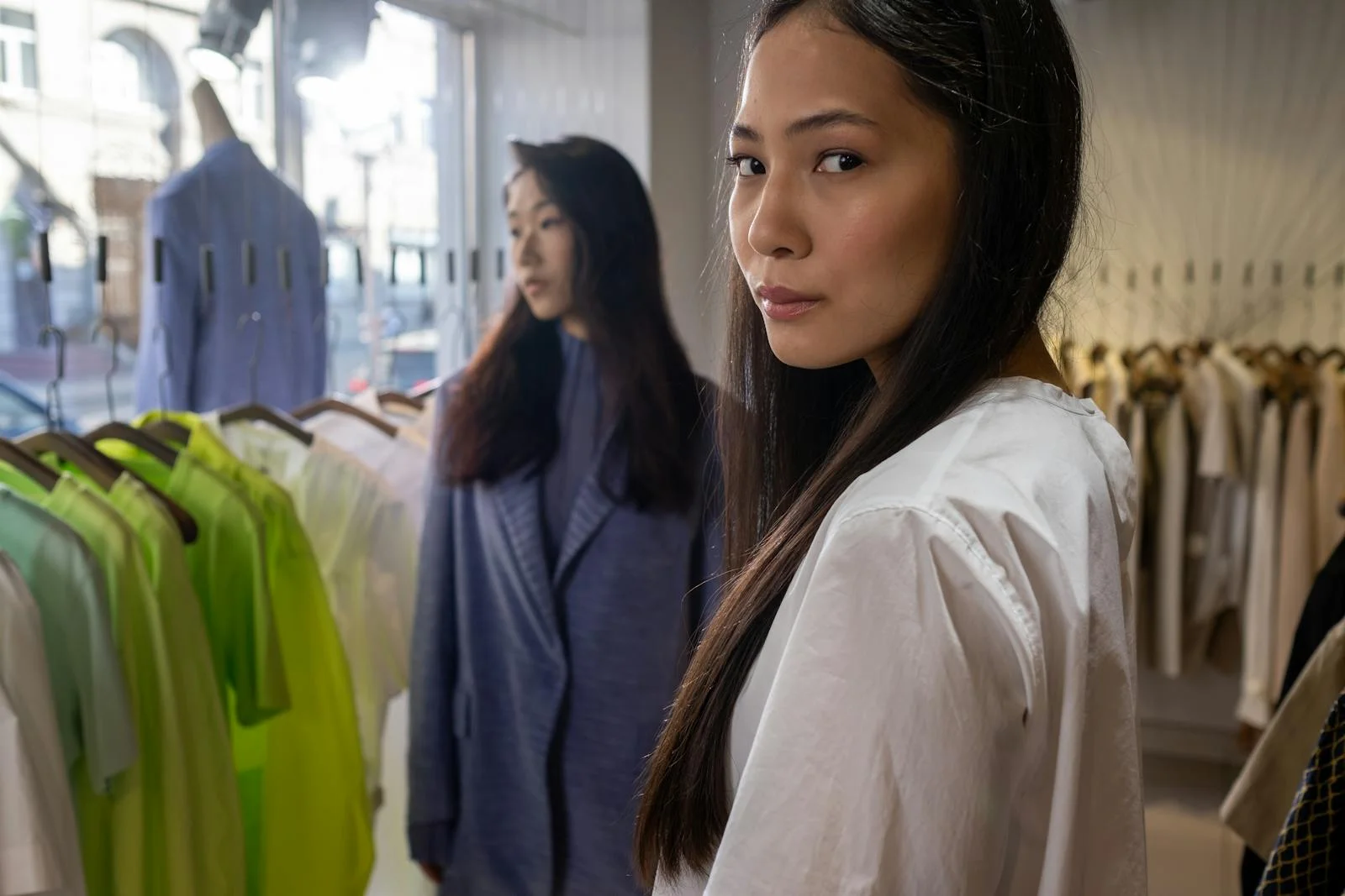 Two women shopping in a stylish boutique with vibrant fashion choices on display.