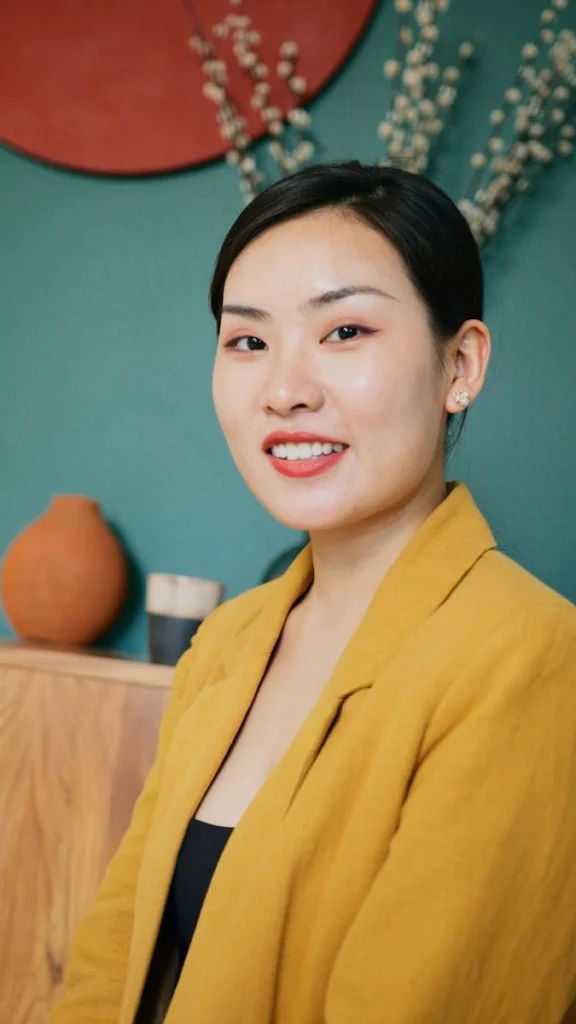 Asian woman smiling in mustard blazer with minimalist decor background.