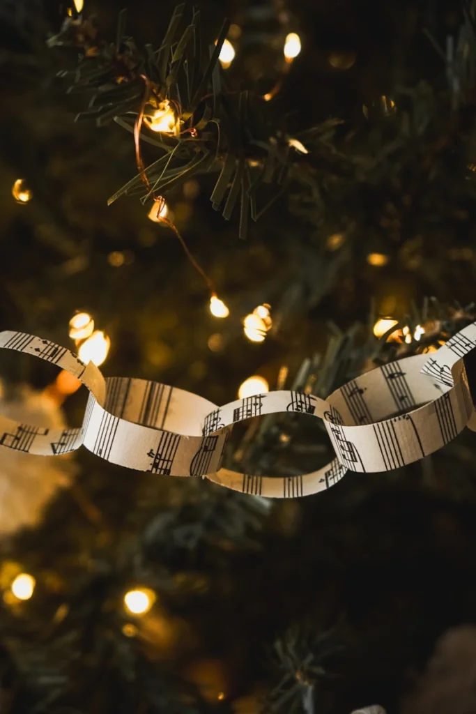 A christmas tree decorated with sheet music