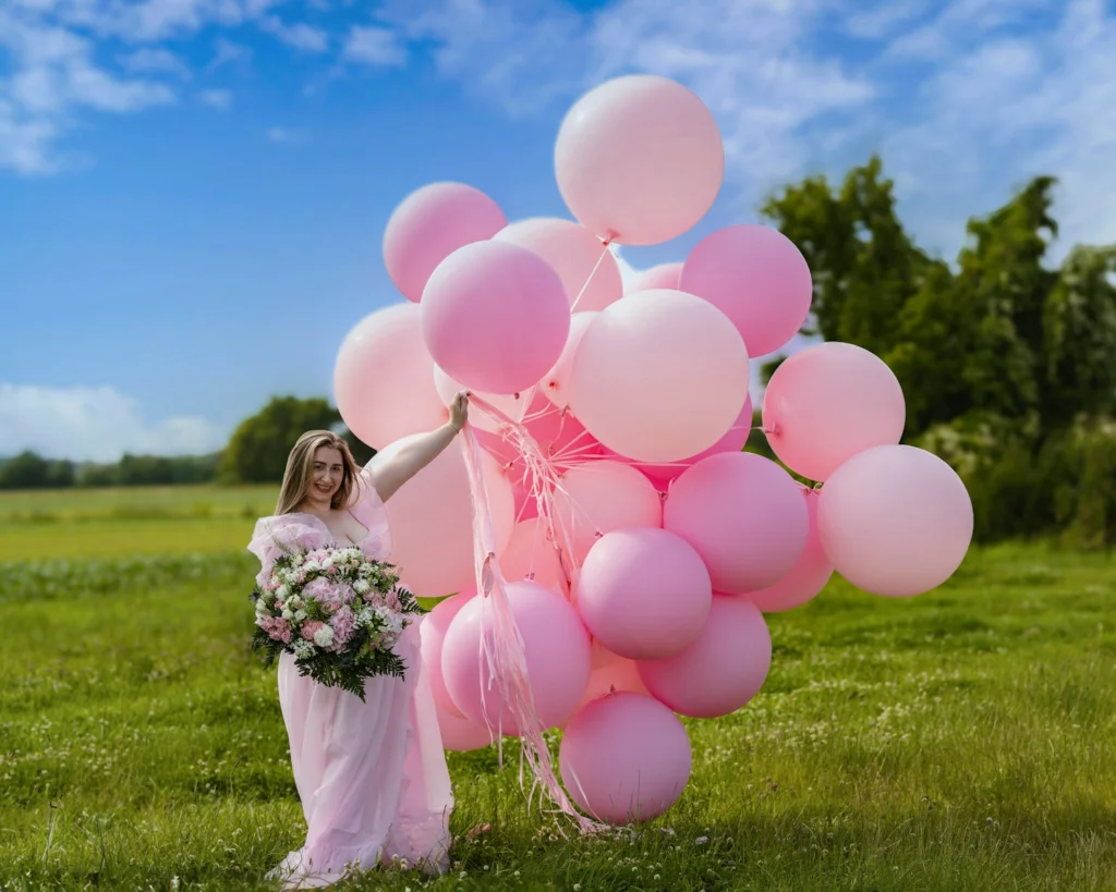 A woman holding a bunch of pink balloons