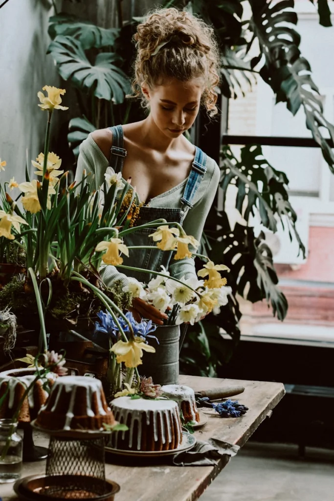 A woman arranging flowers in a vase on a table
