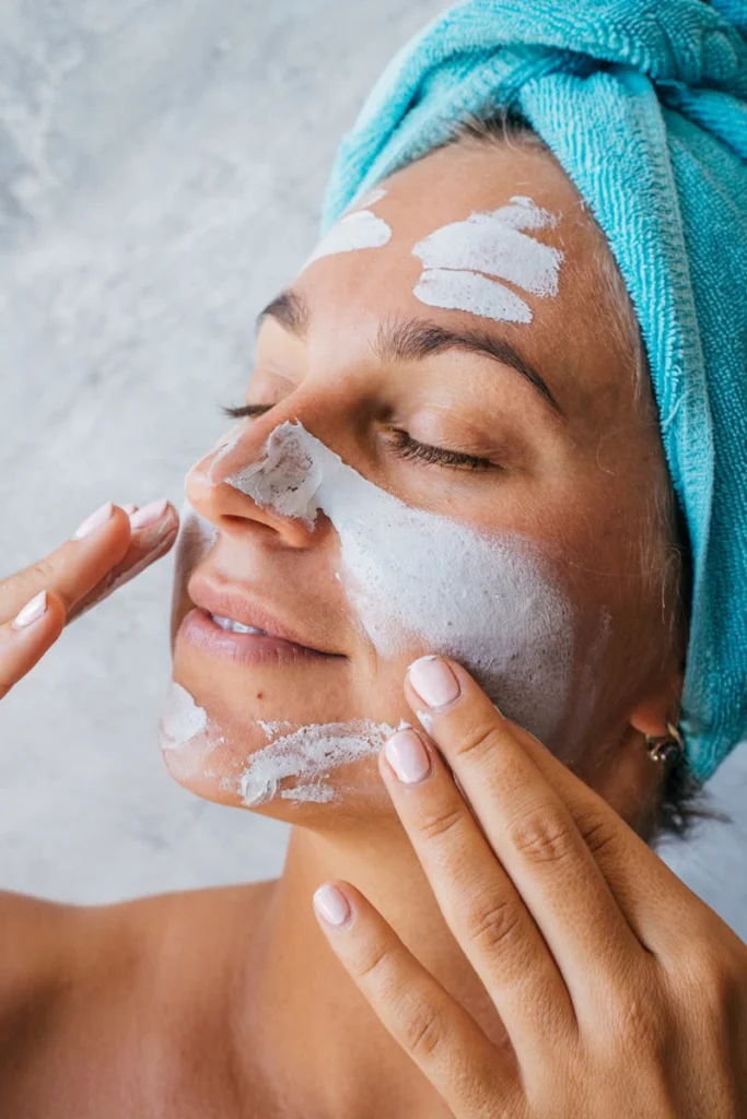 Close-up of a woman with eyes closed enjoying a facial mask treatment indoors.