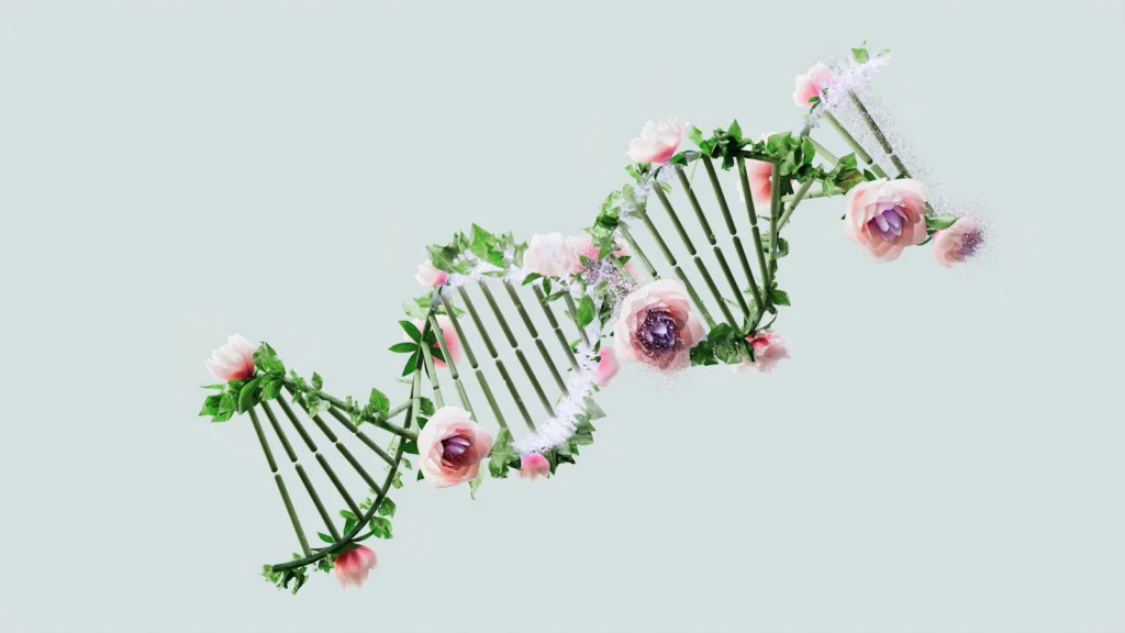 Artistic representation of a DNA helix intertwined with flowers and green leaves.