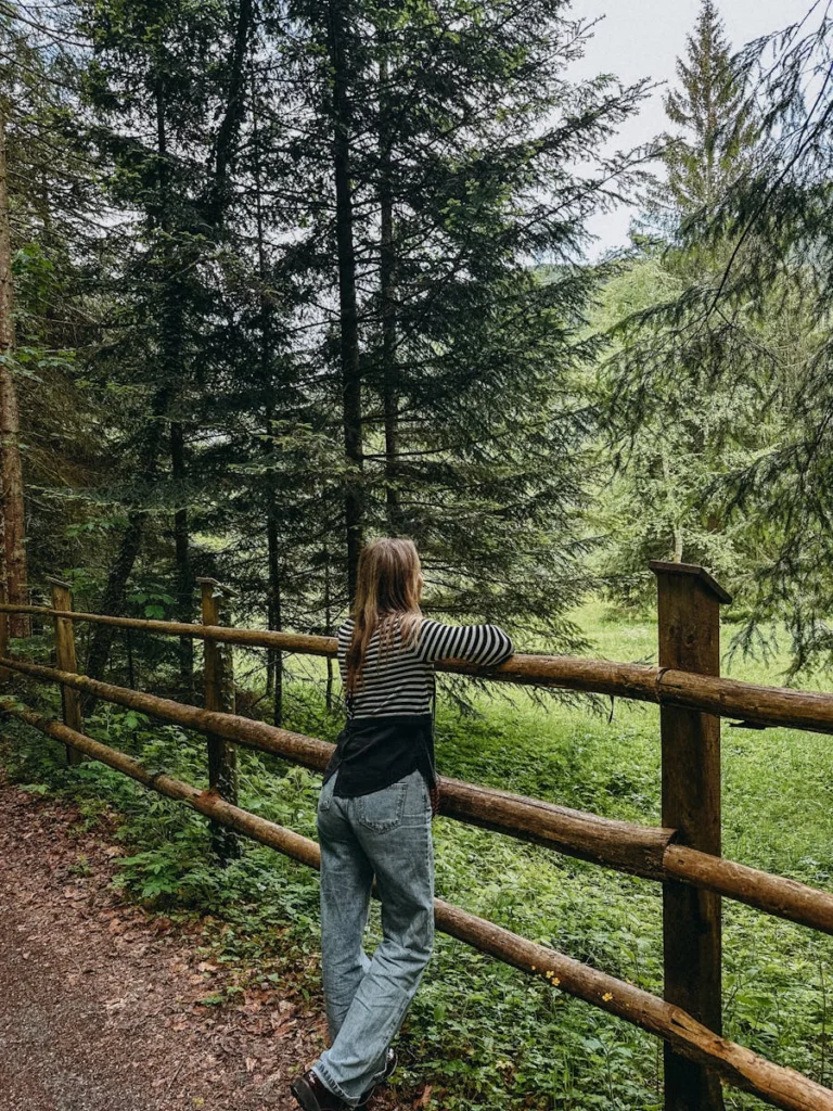 A young woman leans on a wooden fence, enjoying the serene view of an Austrian forest during the day.
