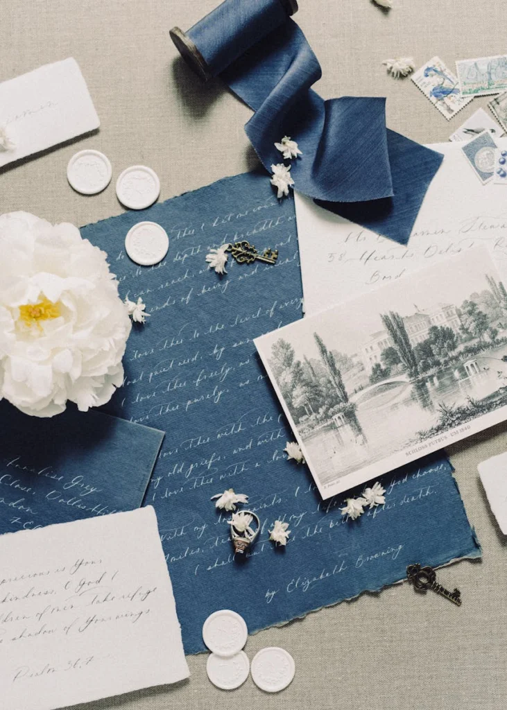 Vintage-inspired arrangement featuring calligraphy, flowers, and blue accents for a romantic touch.