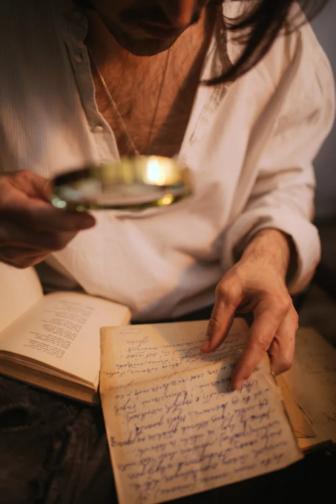Close-up of a person examining a vintage manuscript using a magnifying glass.