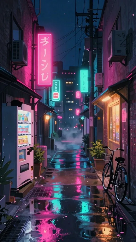 cyberpunk infused neon drenched moody alleyway